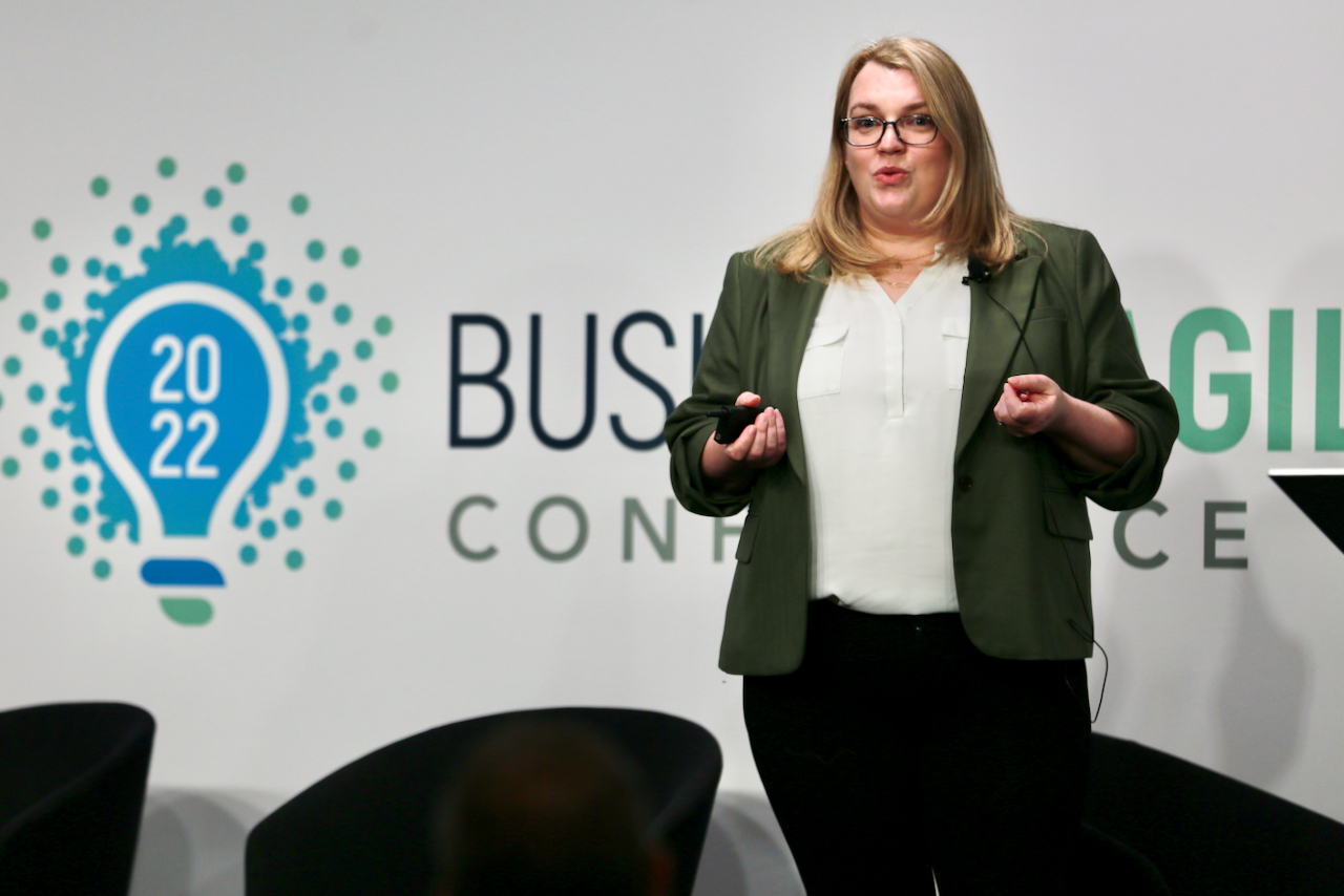 Photo of Barbara on stage at Business Agility Conference 2022